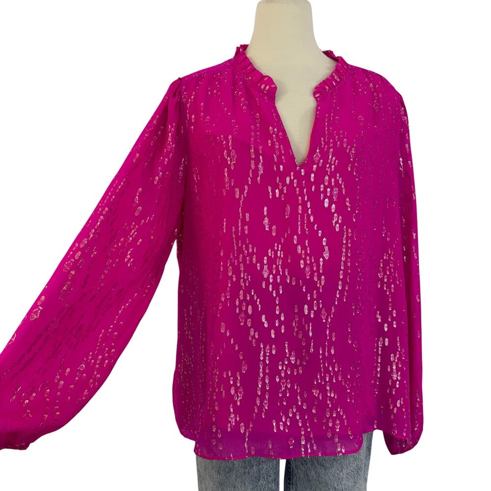 Lilly Pulitzer Gianna Silk Blouse Top Ruffle Long Sleeve Splarkly Blouse Pink XL